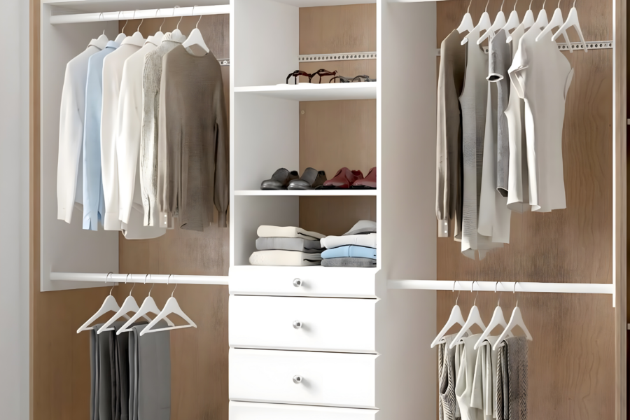 White closet organizer with hanging sections, folded sweaters, and drawers for additional storage.