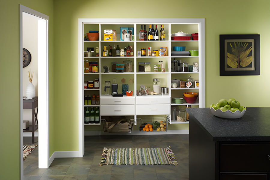 Organized pantry with shelves holding food, beverages, and kitchen supplies, against a green wall backdrop.