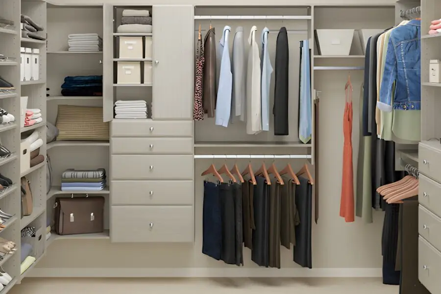 3D rendering of a modern closet design with hanging sections, drawers, and shelving.