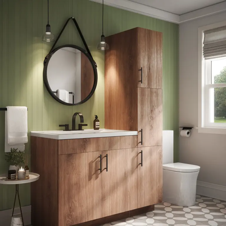 Modern bathroom with wood cabinetry, a circular mirror, and green-paneled walls for a fresh look.